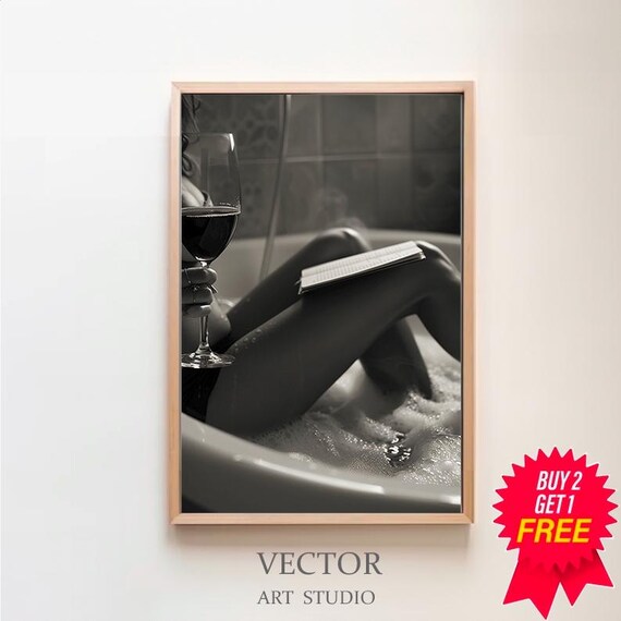Woman with Wine Glass Reading in Bathtub Black and White Art Print