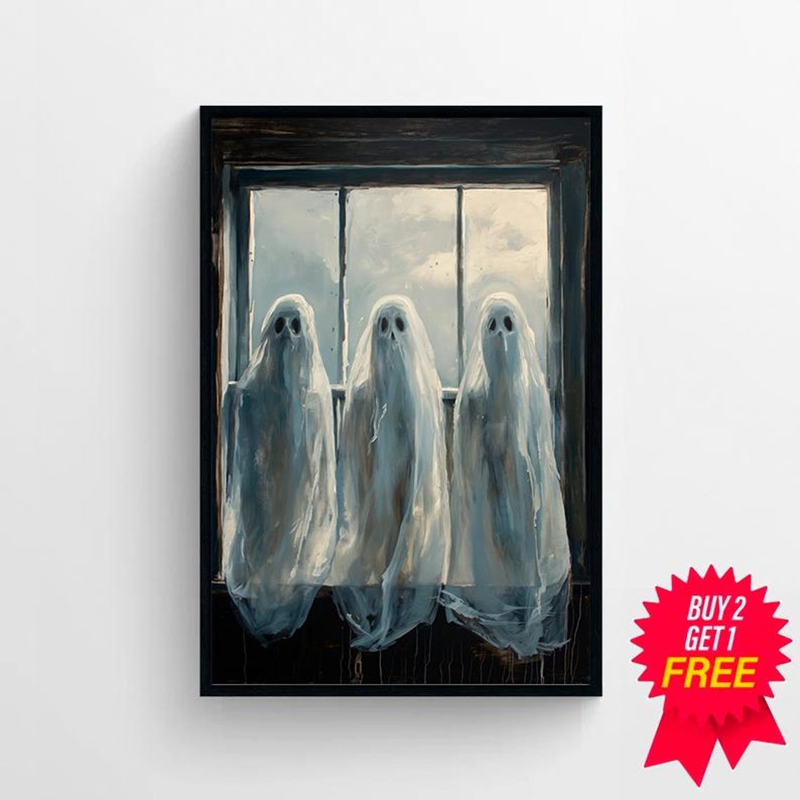 Three Cute Ghosts By A Sunny Window Sweet Spooky Halloween Poster - Image 4