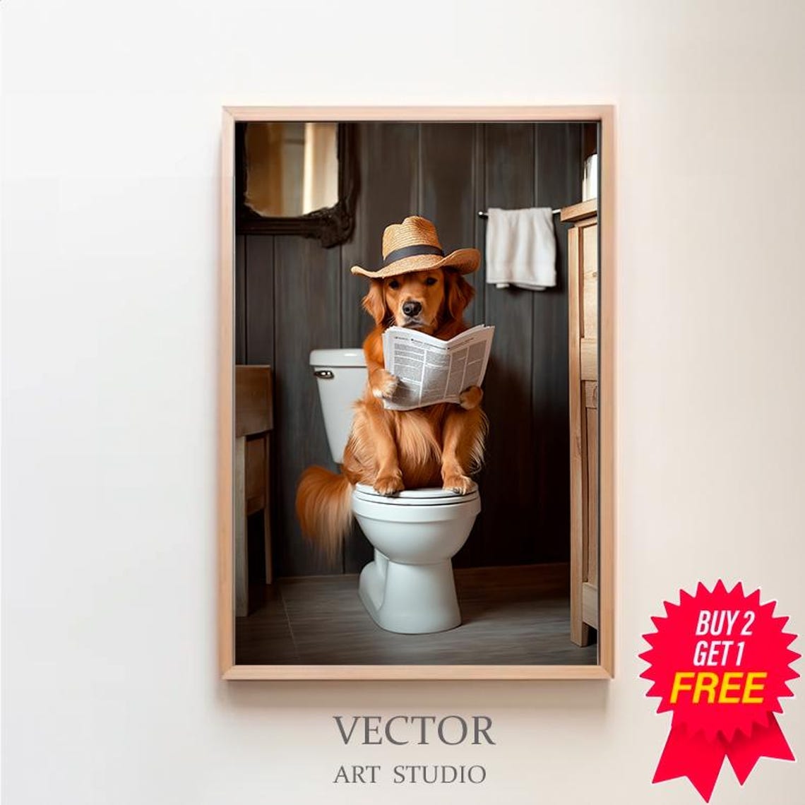 Golden Retriever In Straw Cowboy Hat On Toilet Reading Poster