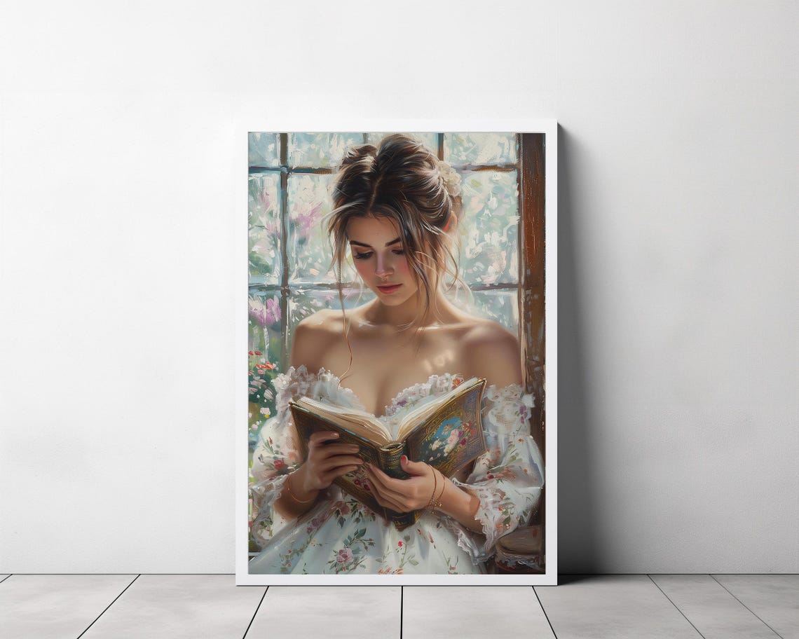 Woman Reading by a Flower-Filled Window in a White Dress Poster - Image 3