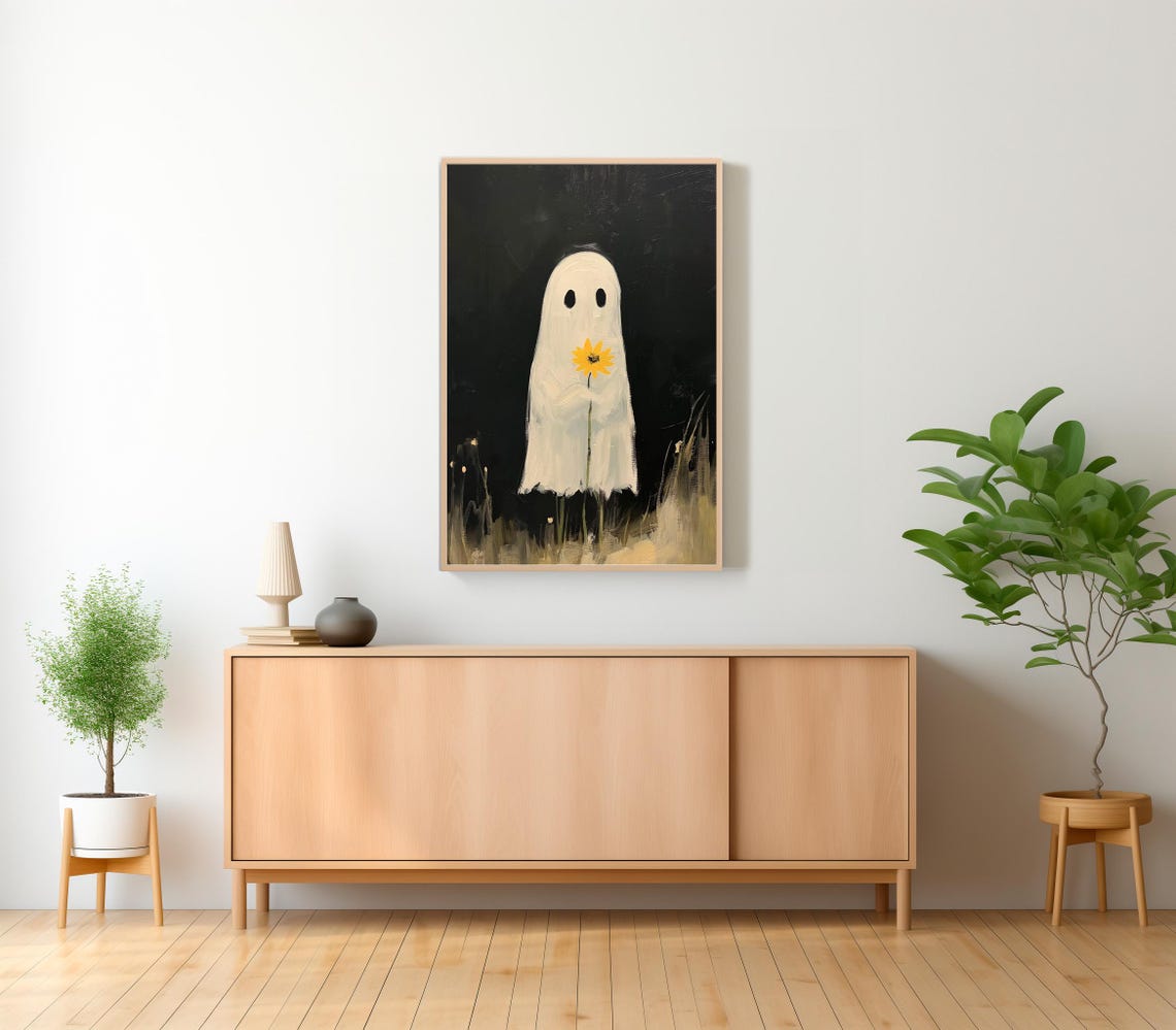 Sheet Ghost Holding a Sunflower Painted Black Background Art Poster - Image 2
