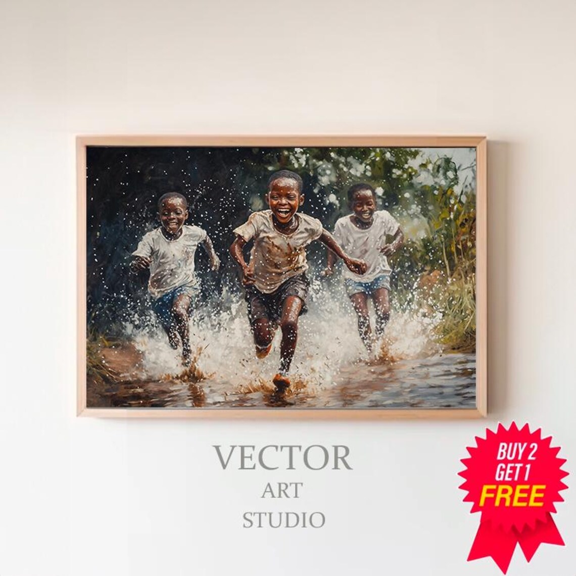 Three African Children Laughing and Splashing in Water Art Poster