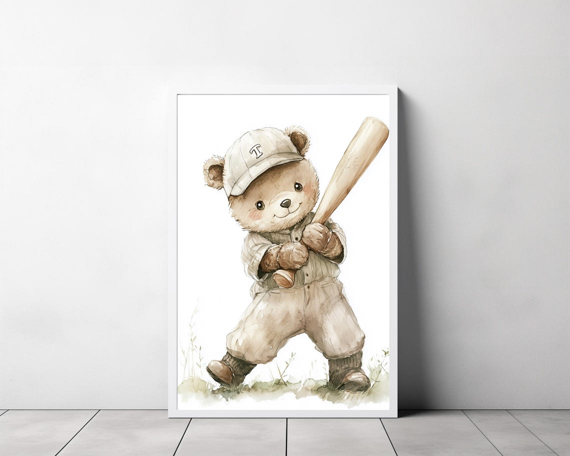 Cute Smiling Bear In A Baseball Uniform With Bat Nursery Wall Art - Image 3