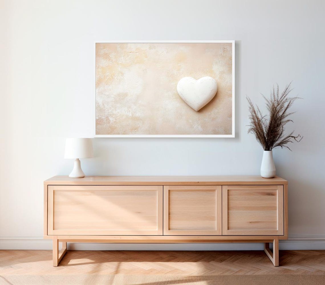 Minimalist White 3D Heart On Textured Beige Background Poster - Image 2