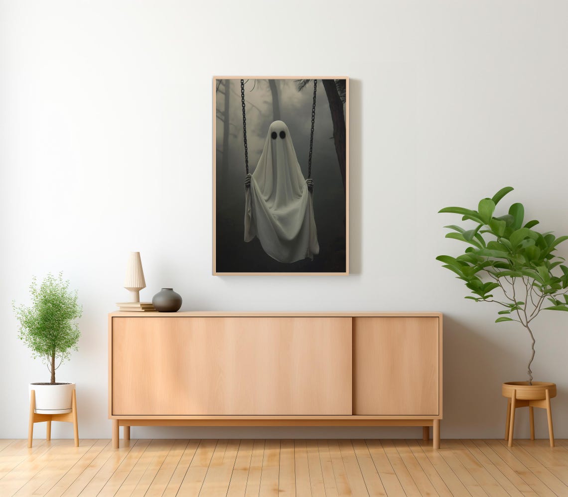 Sheet Ghost Holding Swing Chains in Foggy Gray Forest Poster - Image 2