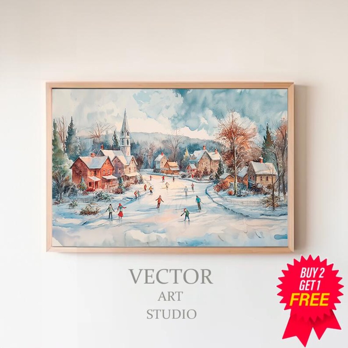 Snowy Village Ice Skating Pond Watercolor Winter Christmas Poster
