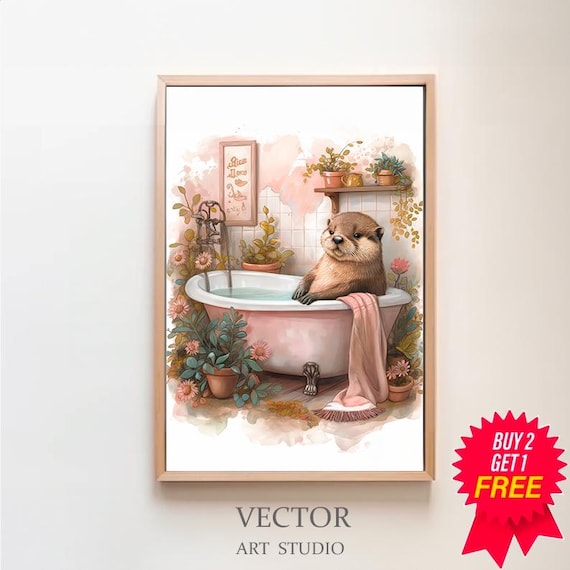 Sea Otter Bath Time in a Pink Tub Watercolor Floral Bathroom Poster