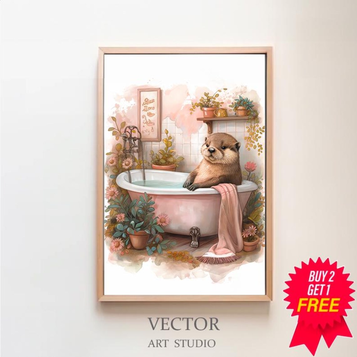 Sea Otter Bath Time in a Pink Tub Watercolor Floral Bathroom Poster