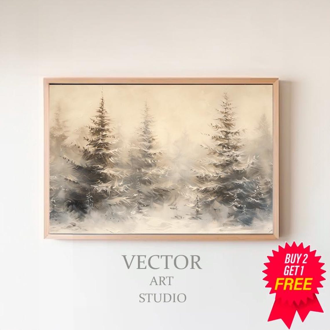 Snowy Golden Twin Pines in Beige Winter Mist Landscape Poster