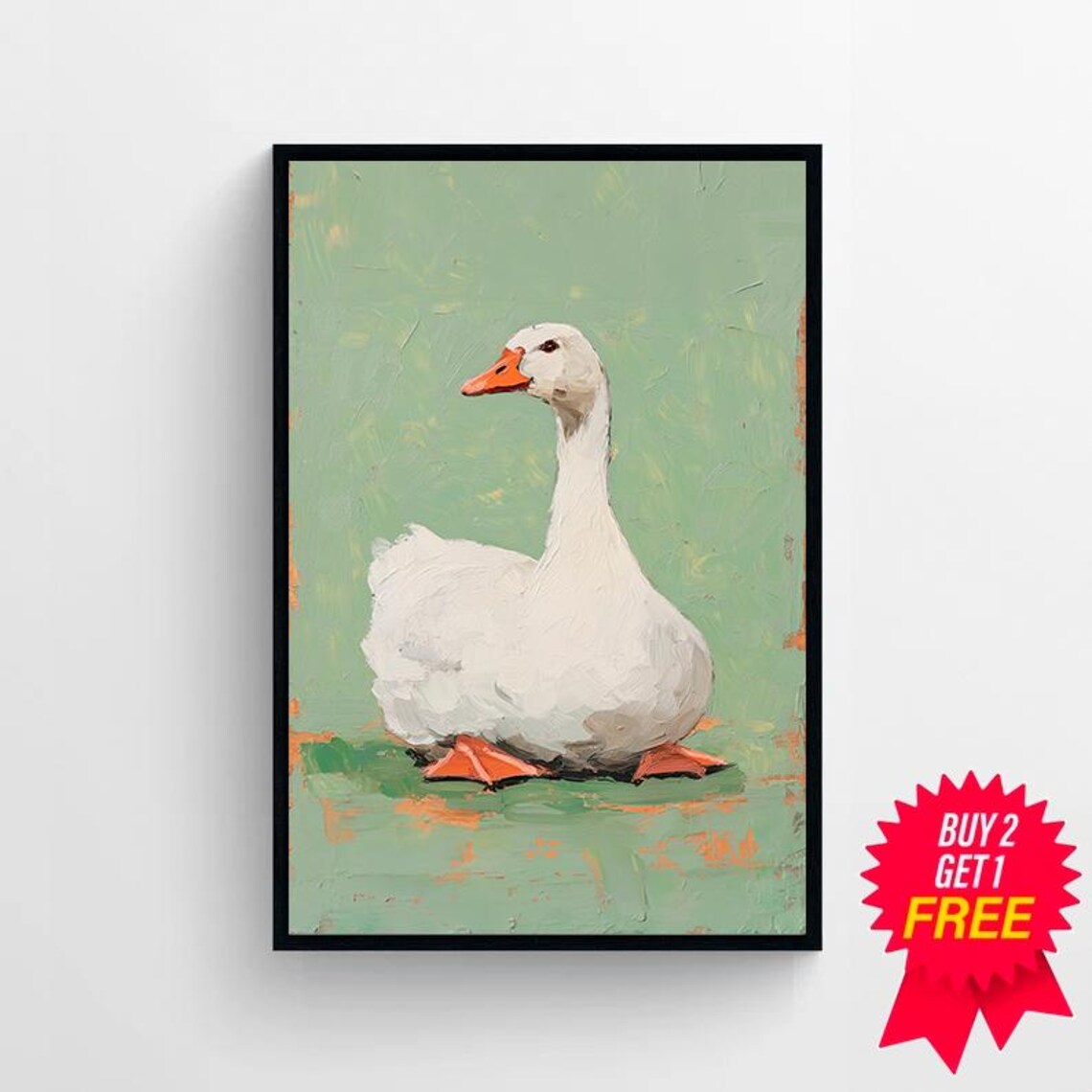 Charming White Goose Impasto Oil Painting on Sage Green Nursery Poster - Image 4