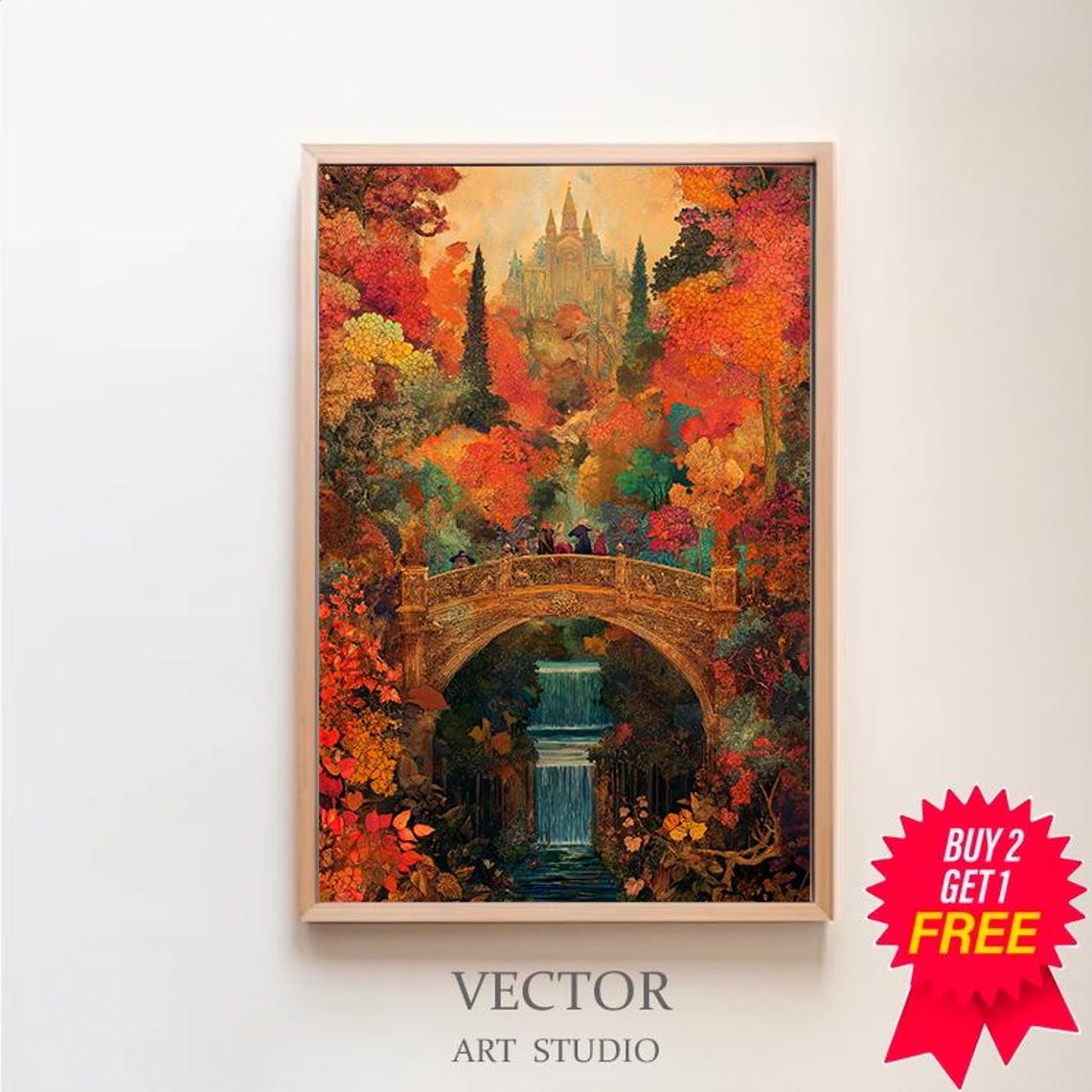 Autumn Forest Waterfall Castle Bridge Enchanting Fantasy Art Poster