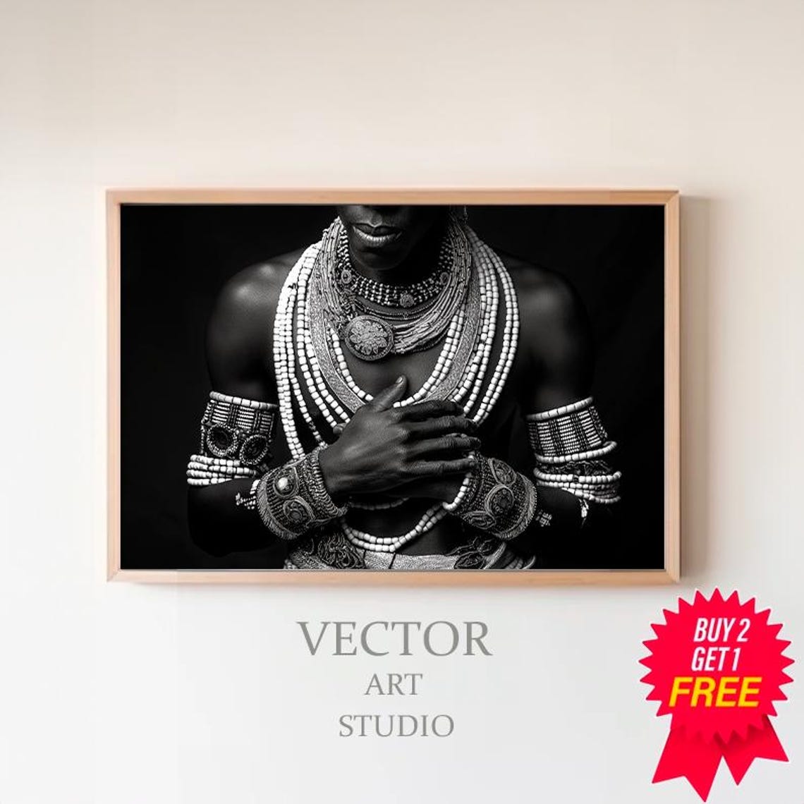 Dramatic African Bead Necklace Portrait Black And White Poster