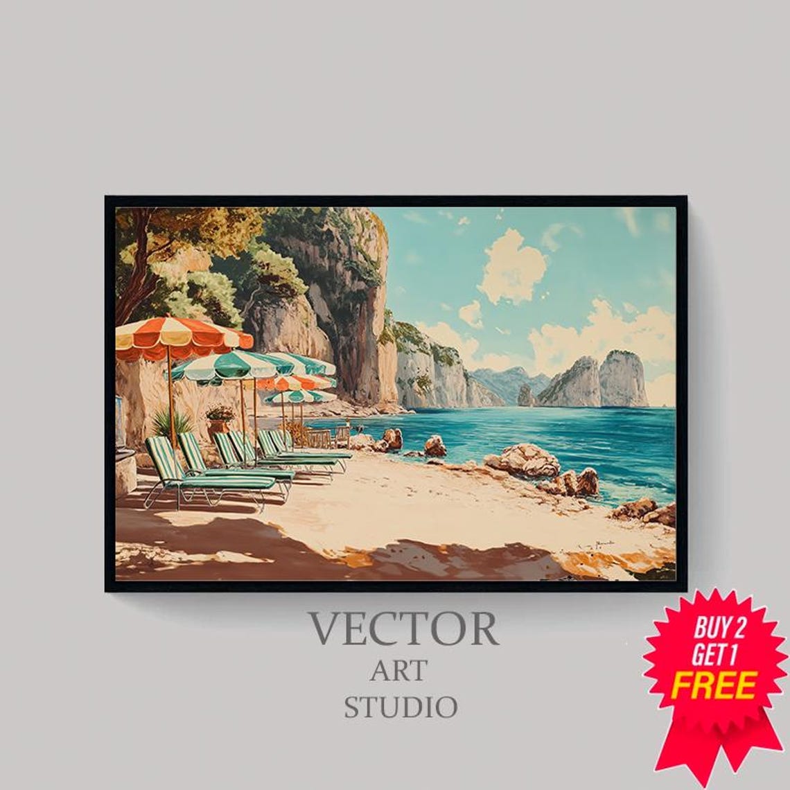 Sunny Capri Beach With Striped Umbrellas And Sea Stacks Poster - Image 4