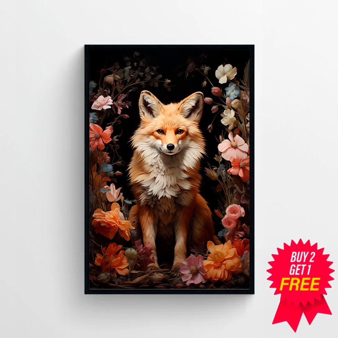 Red Fox Sitting Among Colorful Flowers Dark Floral Wildlife Art Poster - Image 4
