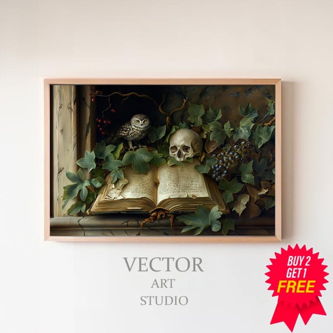 Owl Sitting on an Open Book with a Skull Gothic Vanitas Still Life Poster