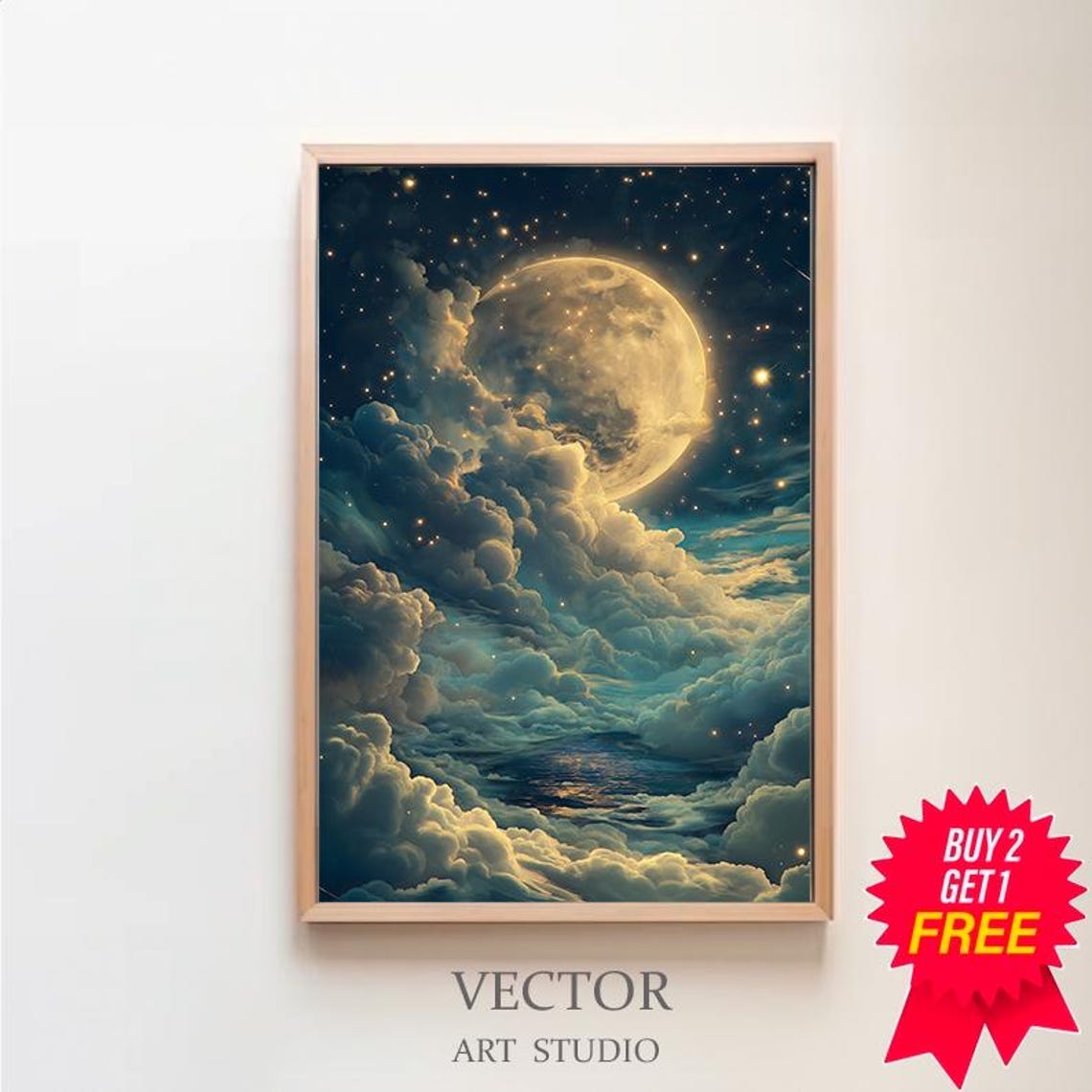 Golden Full Moon Rising Over a Dramatic Sea of Clouds Poster