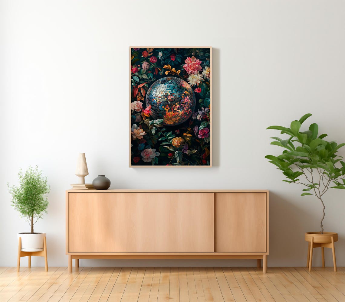Vivid Wall Art Disco Ball Maximalist Painting Bold Eclectic Botanical Print Green Trendy Kitsch Poster Colorful Dopamine Decor - Image 2