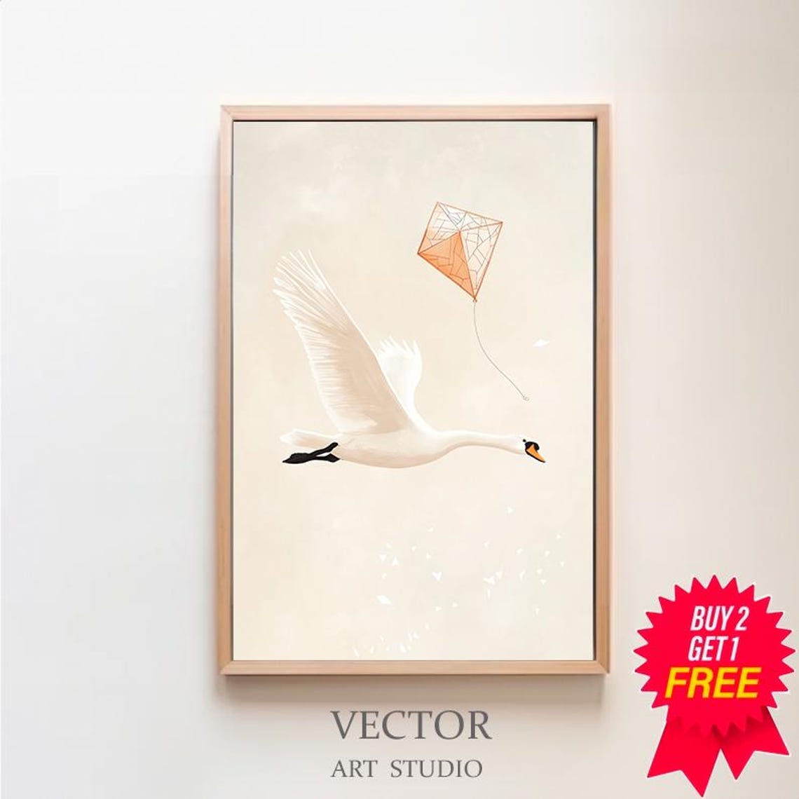 Graceful White Swan Flying With Orange Kite on Cream Nursery Poster