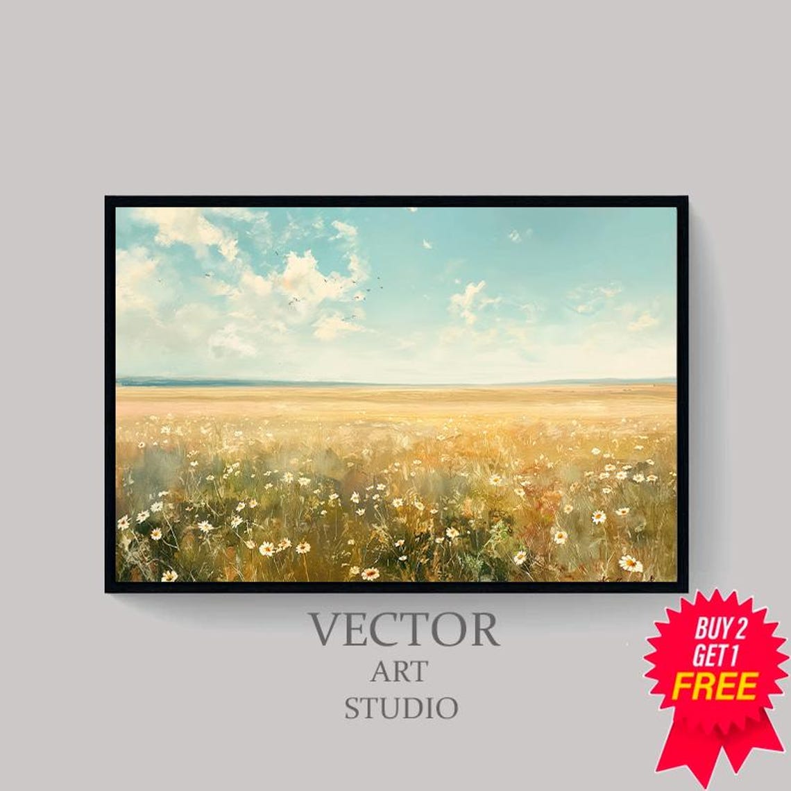 Impressionist Daisy Meadow Under Turquoise Sky Vintage Poster - Image 4