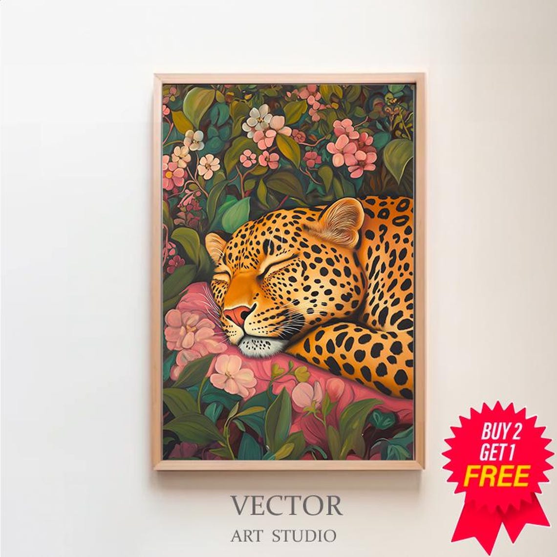 Wall Art Sleeping Leopard Maximalist Oil Painting Kitsch Wild Animal Eclectic Floral Print Bold Pink Dopamine Bedroom Poster