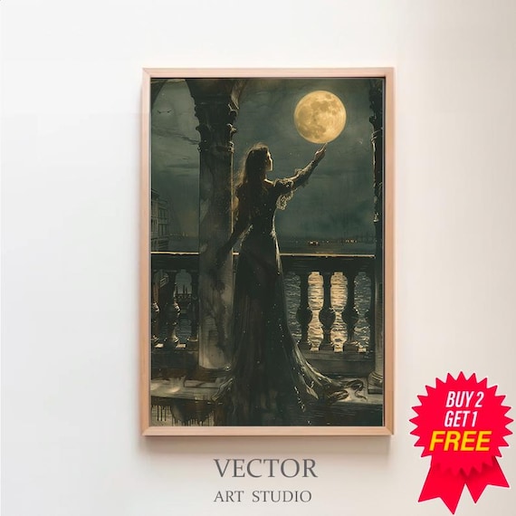 Gothic Woman Reaching for the Full Moon Night Dark Art Poster