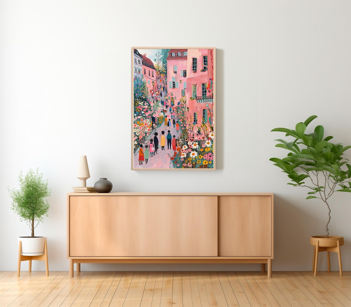 Flower Lined Pink Street with Strolling Crowd Painting Poster - Image 2