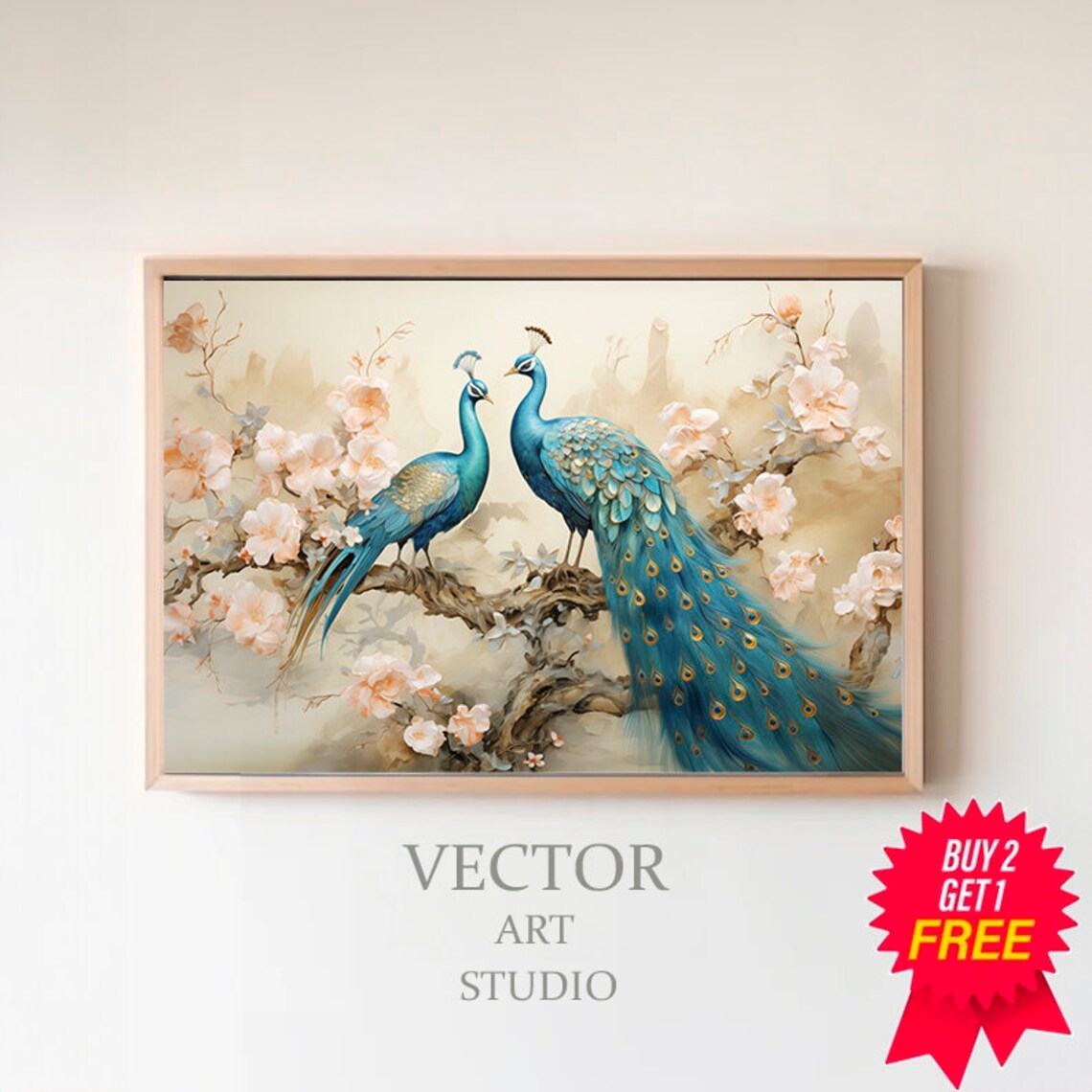 Two Peacocks Flowering Branch Blossom Chinoiserie Style Art Poster