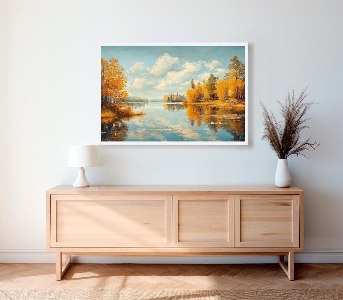 Golden Birch Trees Mirrored in a Still Lake With Clouds Poster - Image 2