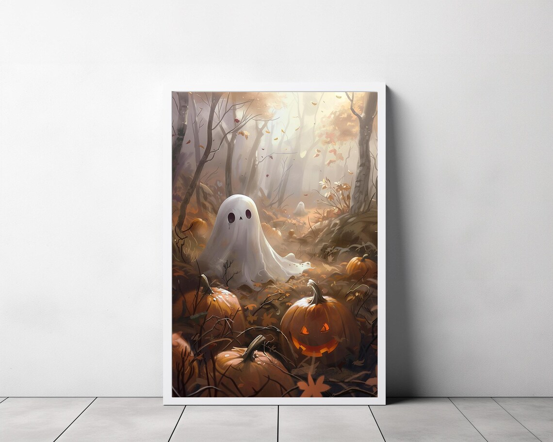 Ghost In Autumn Pumpkin Patch With Glowing Jack-O-Lantern Halloween Poster - Image 3