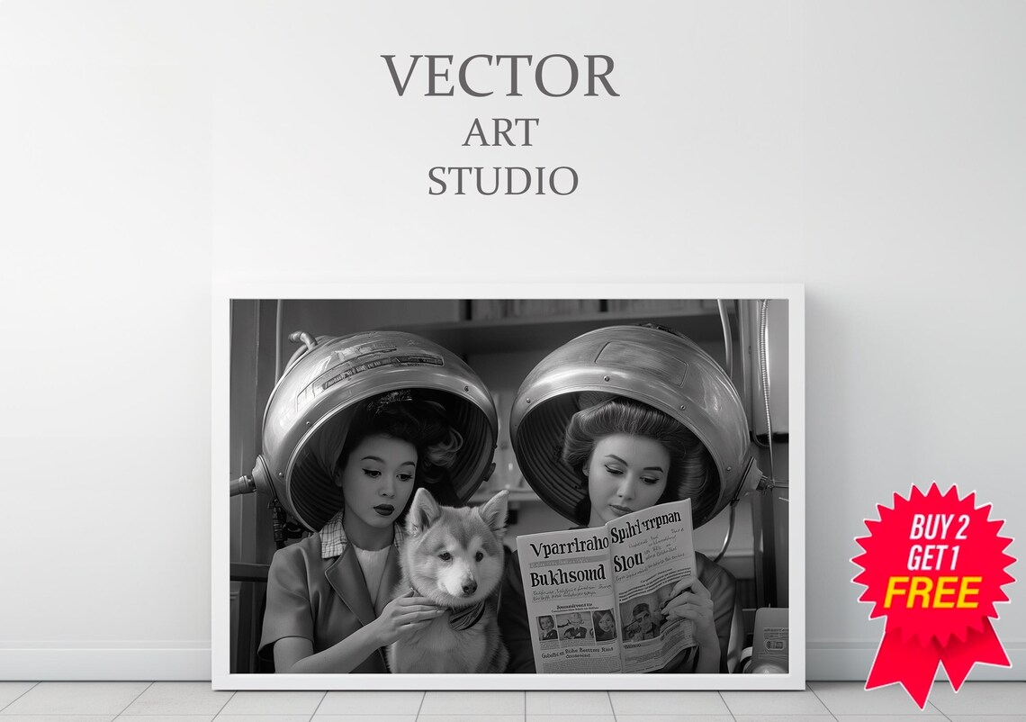 Retro Hair Salon Scene With Two Women and a Dog Vintage Poster - Image 3