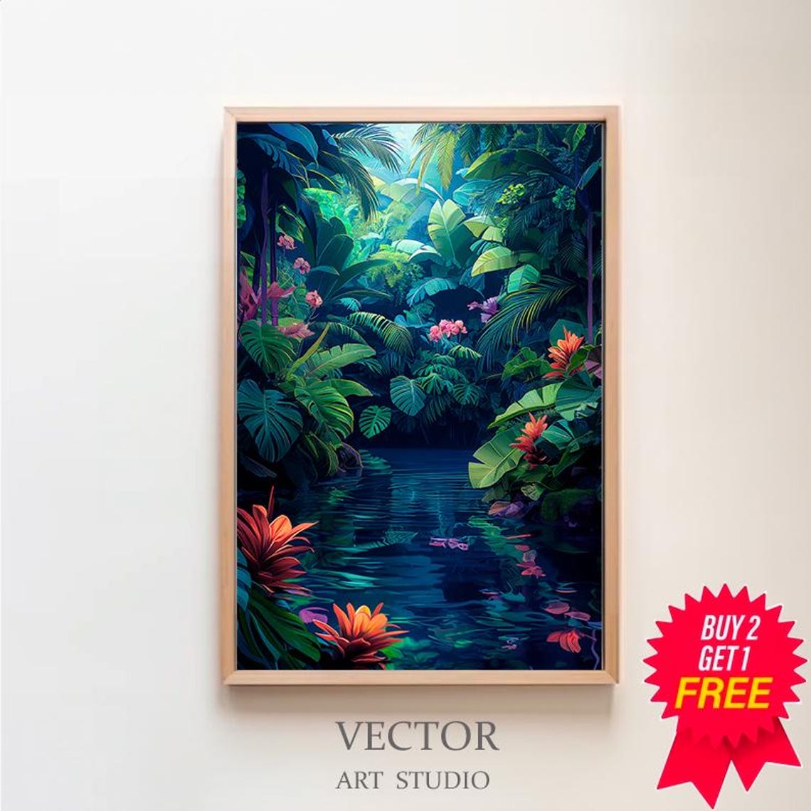 Vibrant Tropical Jungle Stream with Lush Leaves and Flowers Poster