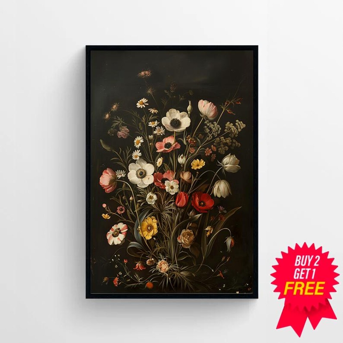 Dark Wild Moody Floral Bouquet with Yellow Tulips Vintage Poster - Image 4
