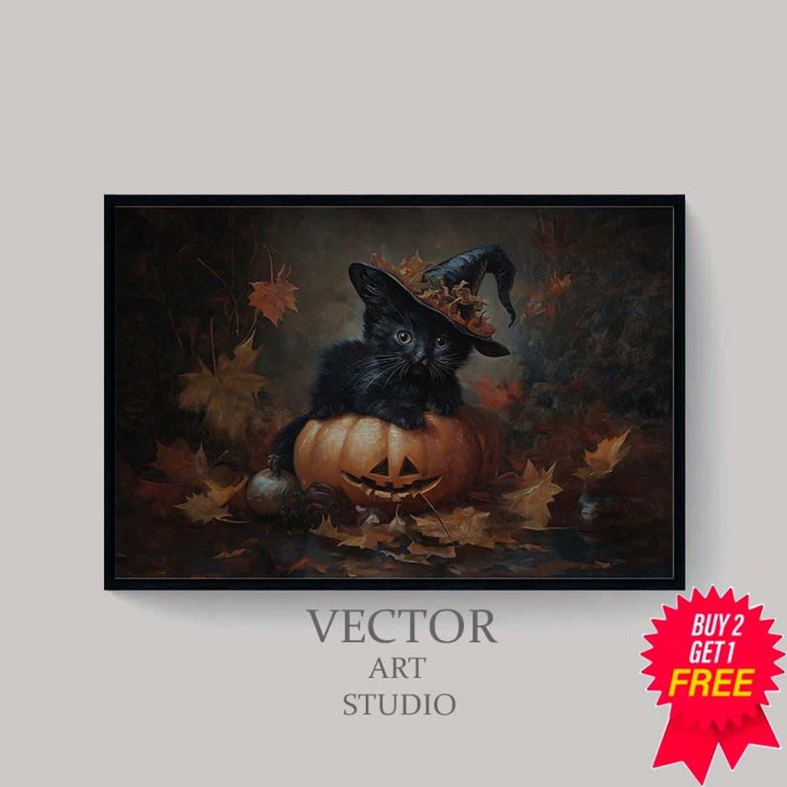 Black Kitten in Witch Hat Behind Jack-O-Lantern Halloween Poster - Image 4