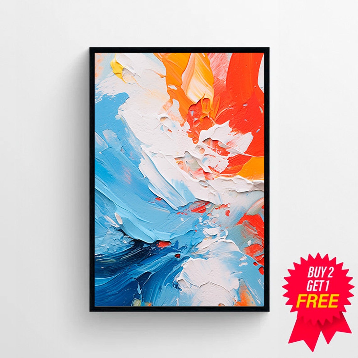 Ocean Blue and Fiery Orange Abstract Impasto Painting Poster - Image 4