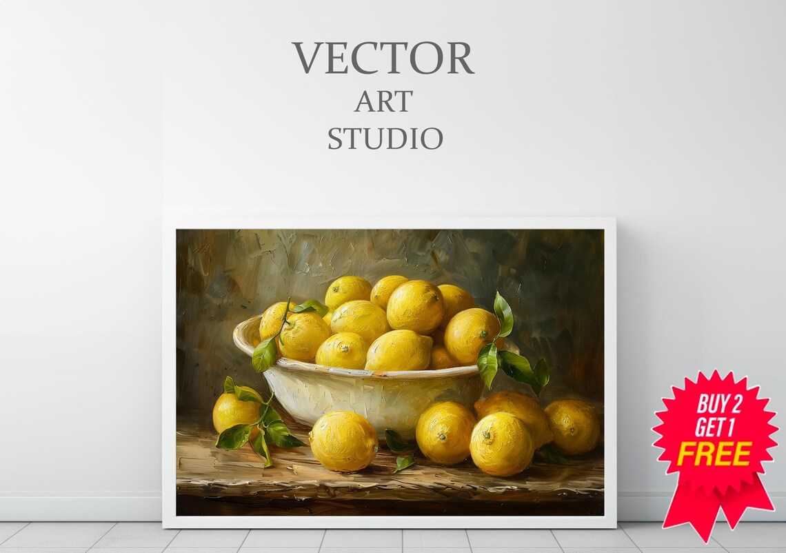 Moody Lemon Painting Art Vintage Fruit Still Life - Image 3