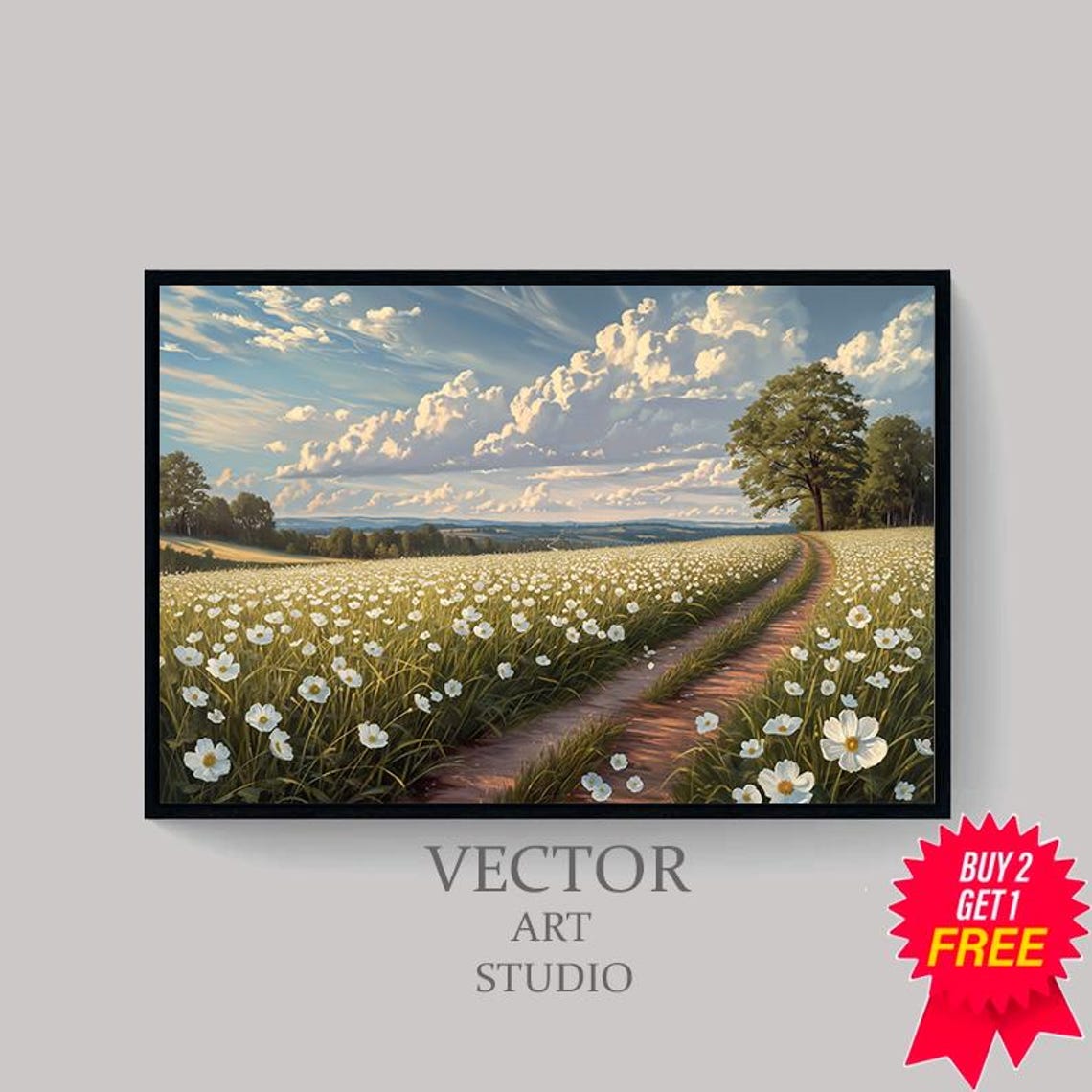 White Wildflower Meadow With Winding Country Path Vintage Poster - Image 4