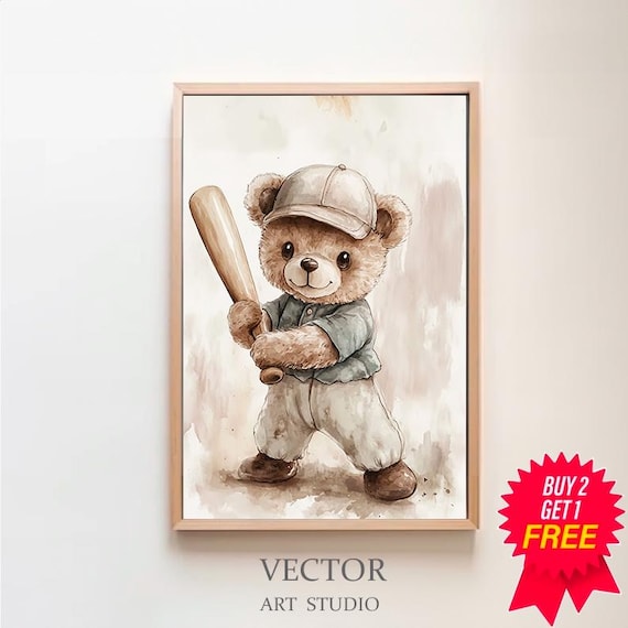 Teddy Bear Baseball Player With Bat Nursery Watercolor Poster
