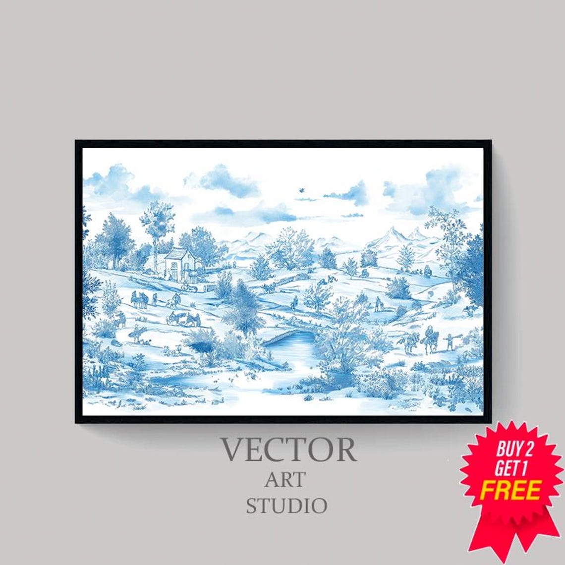 Blue Toile River Landscape With Village Bridge Vintage Poster - Image 4