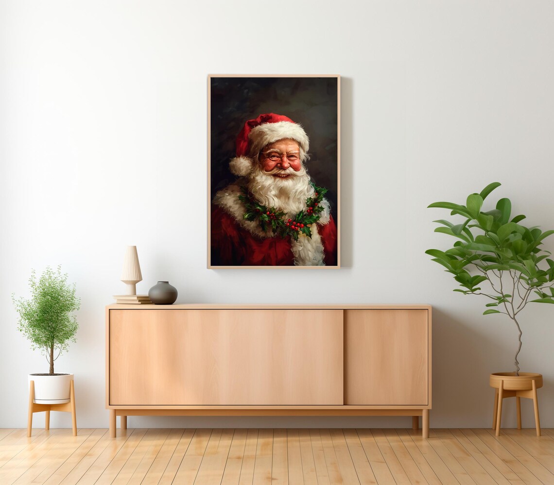 Classic Santa Claus Portrait with Holly Christmas Painting Poster - Image 2
