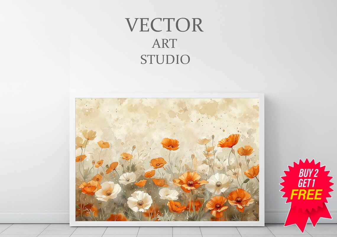 Orange and White Poppies in Watercolor Soft Floral Meadow Poster - Image 3