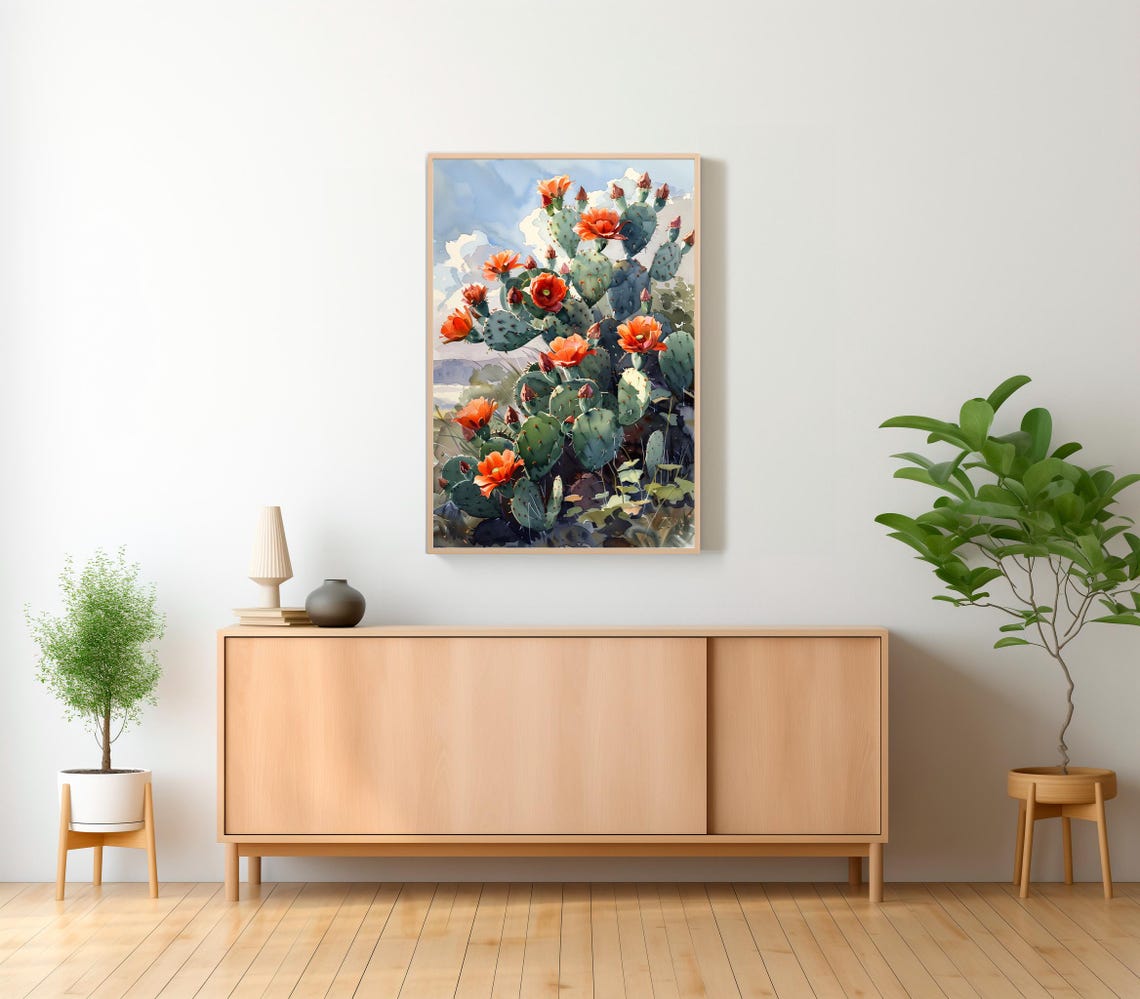 Orange Blooming Prickly Pear Cactus Under Blue Sky Watercolor Poster - Image 2