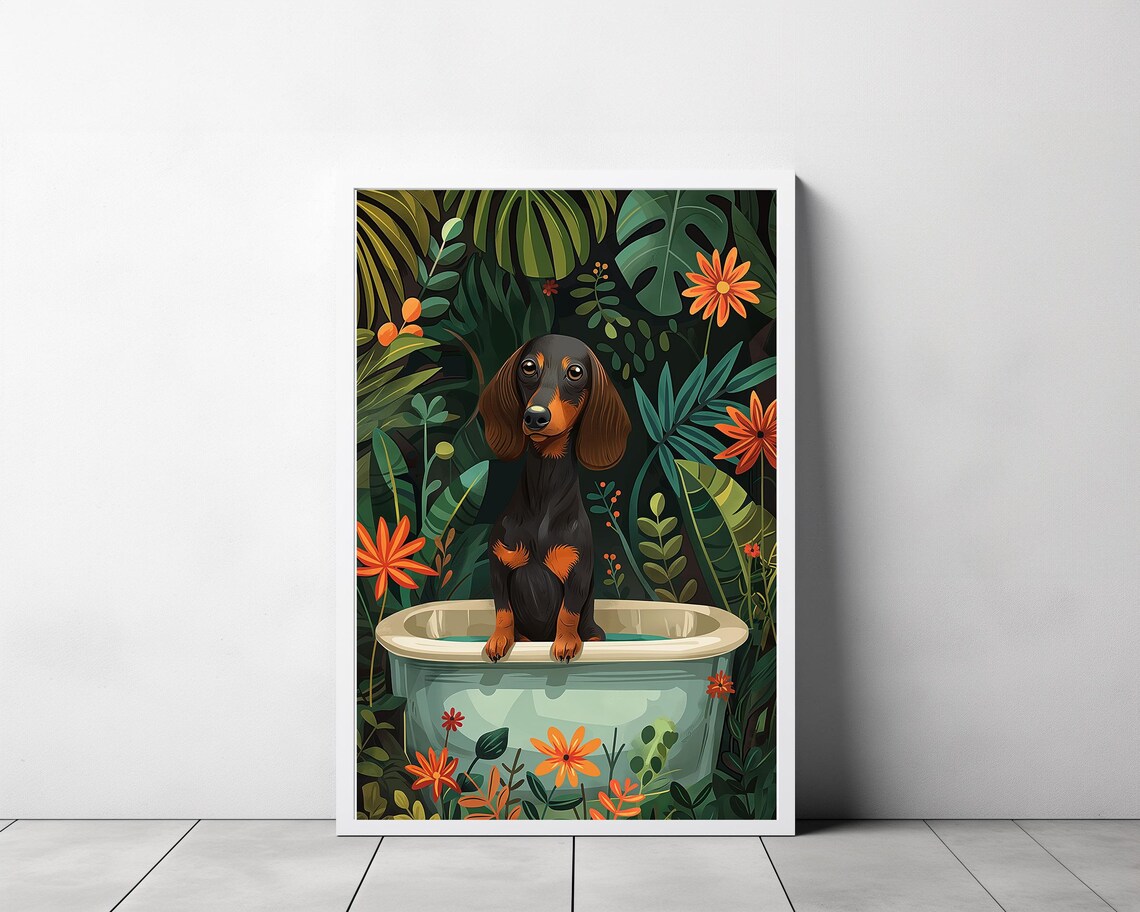 Black and Tan Dachshund Puppy Bath Time Blue Tub Botanical Poster - Image 3