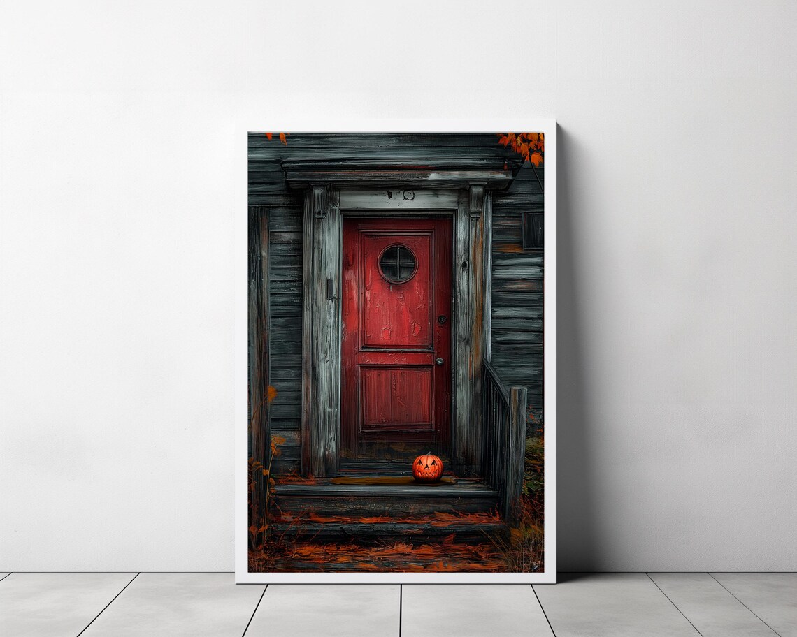 Spooky Red Door with Small Jack-O-Lantern on Doorstep Halloween Poster - Image 3