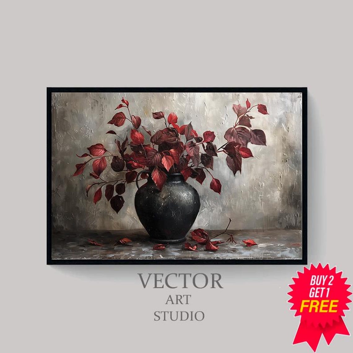 Burgundy Branches Painting Art Moody Floral Art Vintage Fall Artwork - Image 4