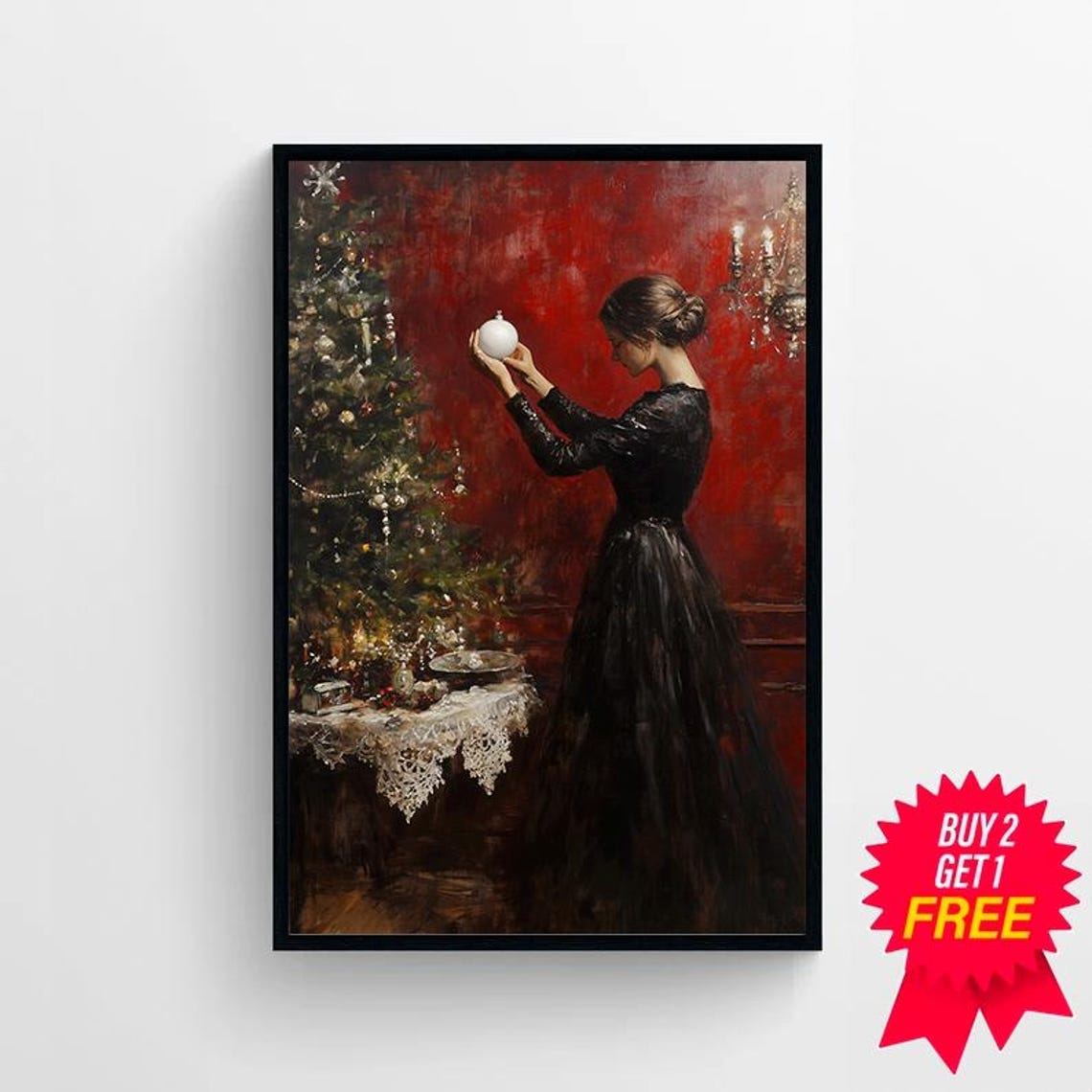 Victorian Woman Holding White Ornament By Christmas Tree Poster - Image 4