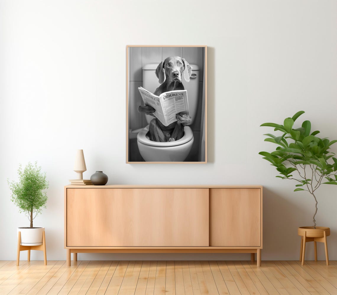 Grey Weimaraner Staring at Camera with Magazine on Toilet Poster - Image 2
