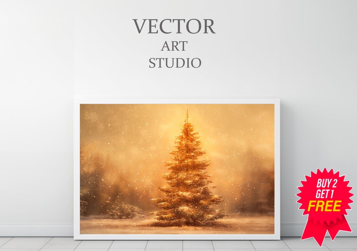 Glowing Golden Snowy Evergreen Tree Sunset Winter Scene Poster - Image 3