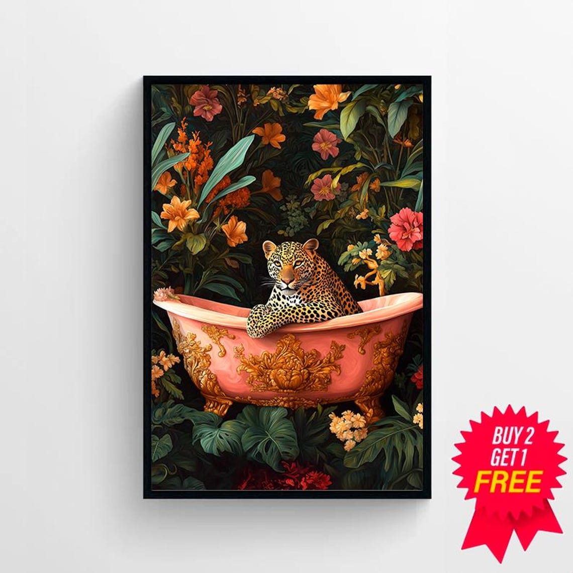 Wall Art Leopard In A Bathtub Maximalist Oil Painting Colorful Trendy Kitsch Bathroom Print Vivid Bold Dopamine Animal Picture - Image 4