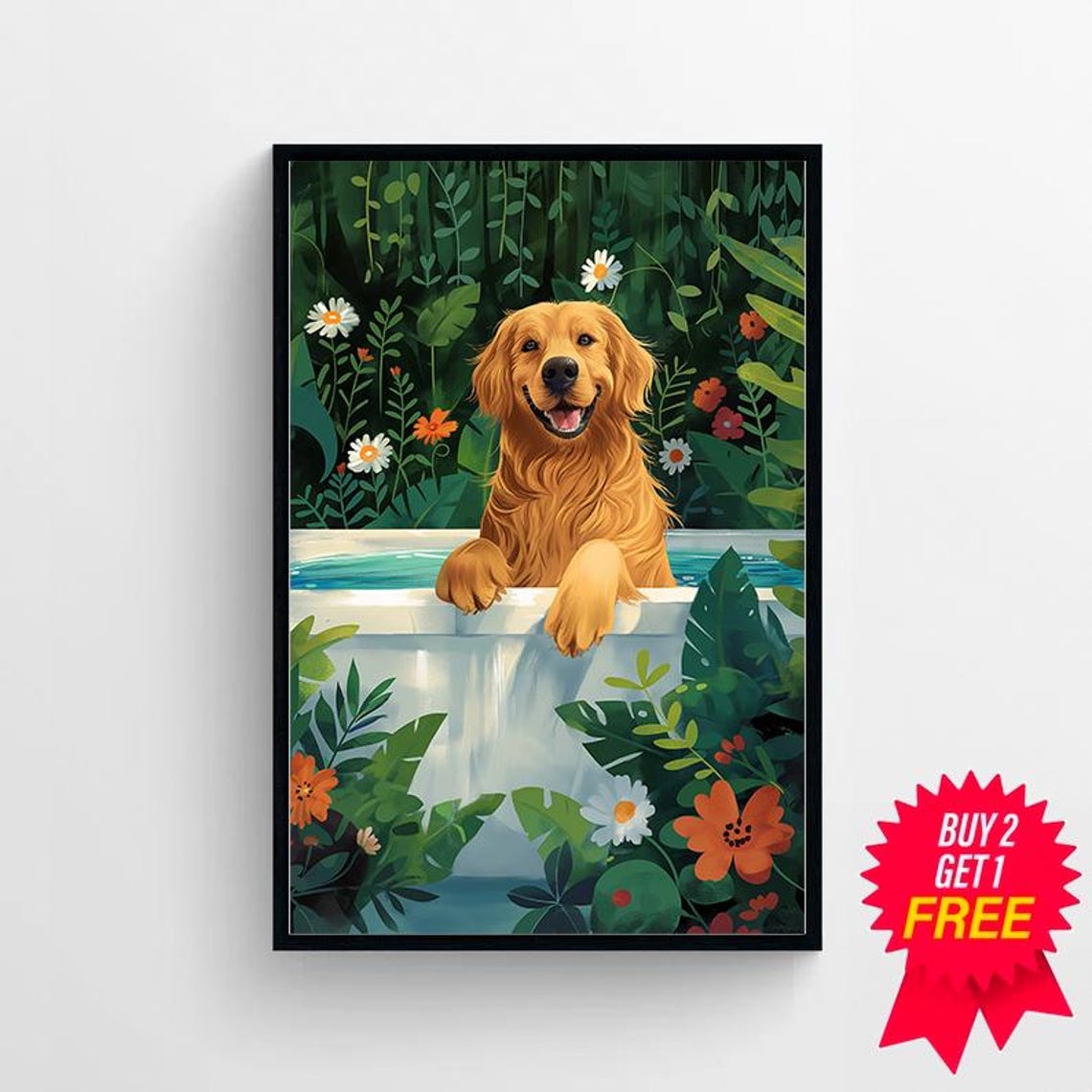 Golden Retriever Leaning Over Bathtub Edge Daisy Garden Wall Poster - Image 4