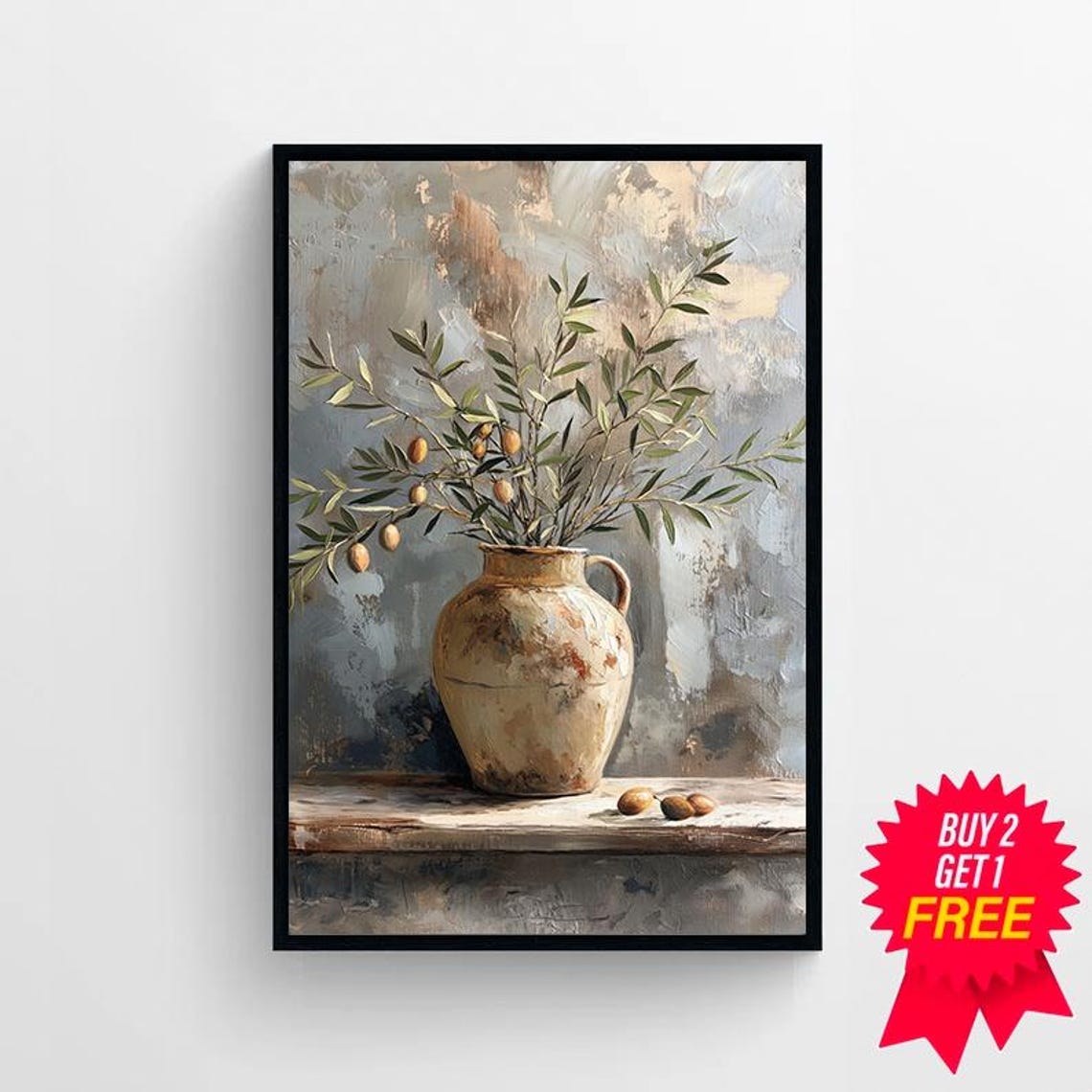 Olive Branches in Rustic Ceramic Pitcher Soft Neutral Still Life Print - Image 4